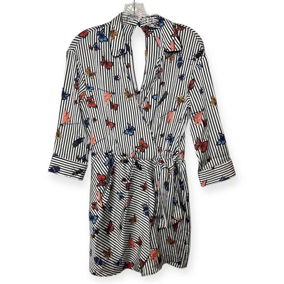 Zara Basic Butterfly Print White Black Striped Wrap Romper Vacation Cruise Sz S - Picture 2 of 12